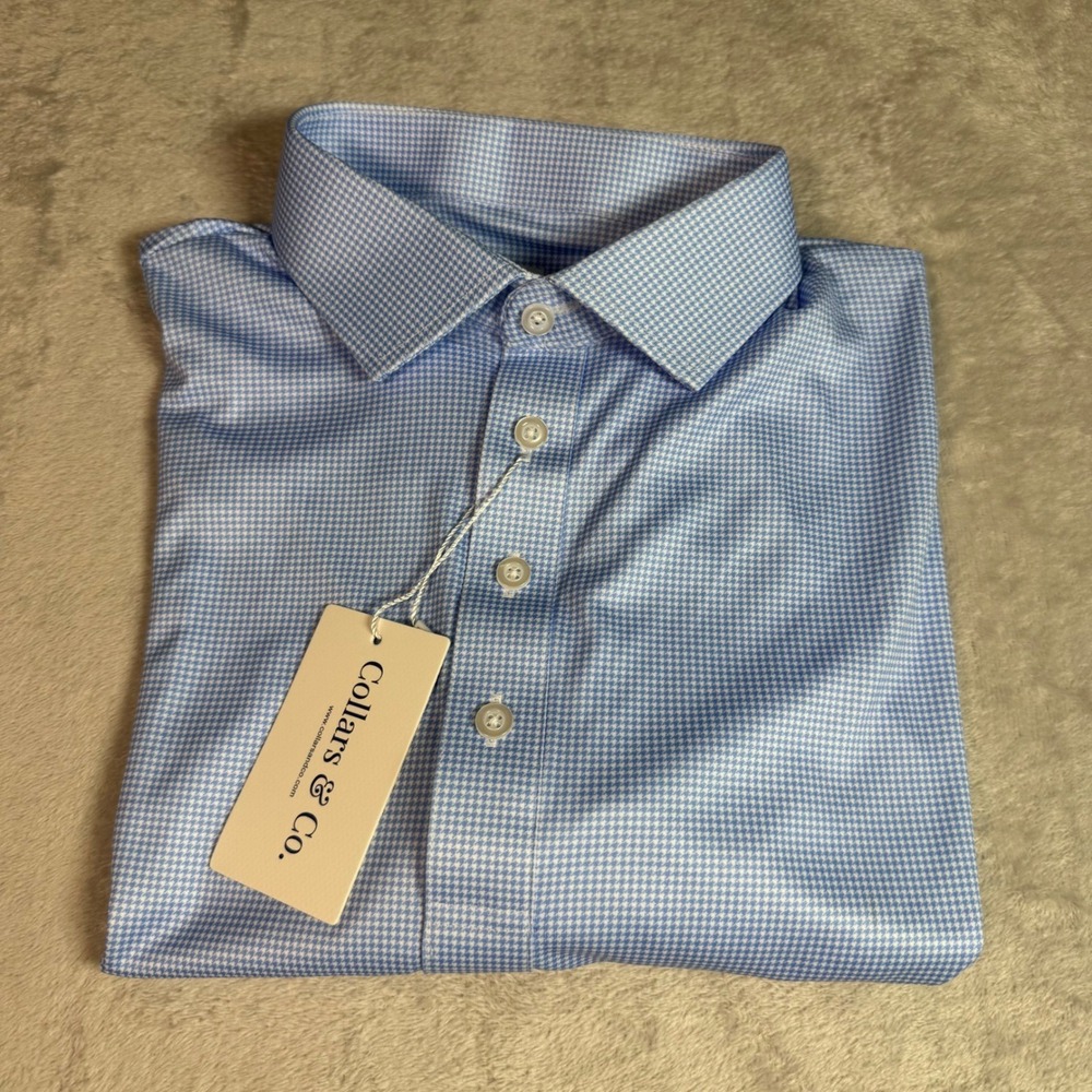 NWT Collars & Co Mens Dress Collar Polo Shirt L Blue White Houndstooth